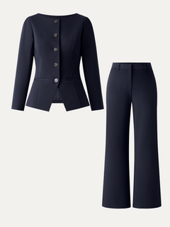 2Pcs Set Neck Long Sleeve Jacket with Pockets & Mid-Rise Wide-Leg Pants with Pockets