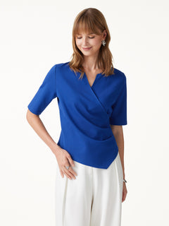 2Pcs Set Surplice Elbow Sleeve Top & Mid-Rise  Wide-Leg Tuck Pants with Pockets