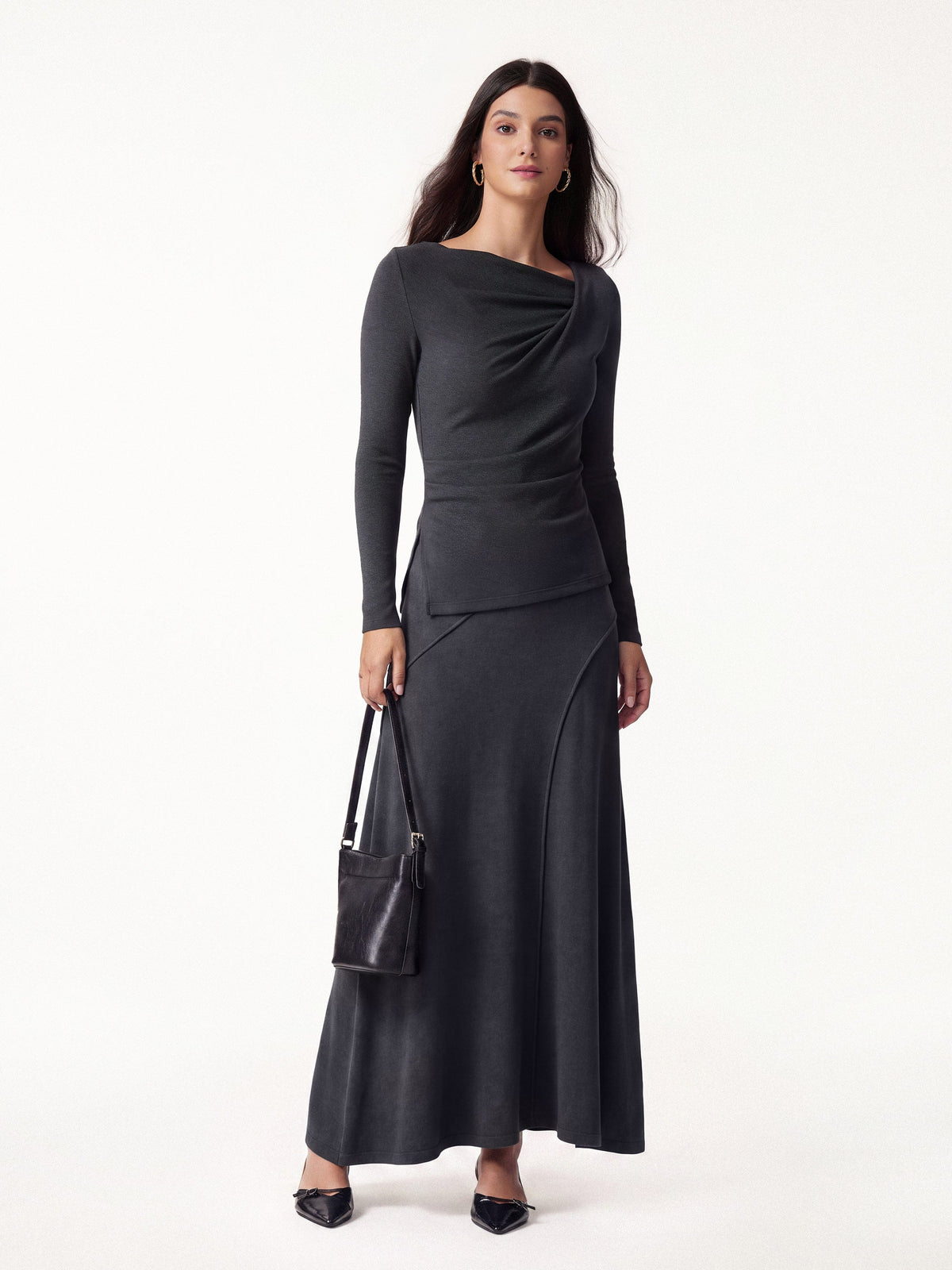 2Pcs Set Asymmetrical Neck Long Sleeve Top & Drapey A-Line Midi Skirt