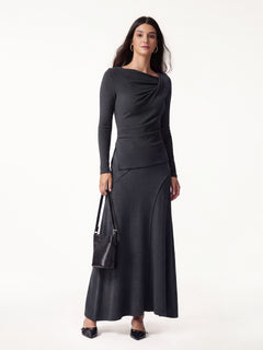2Pcs Set Asymmetrical Neck Long Sleeve Top & Drapey A-Line Midi Skirt