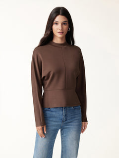 2Pcs Set Mock Neck Batwing Sleeve Top & High-Rise Wide-Leg Pants with Pockets