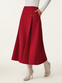 Wool-like Frog Button A-Line Midi Skirt Limited Edition