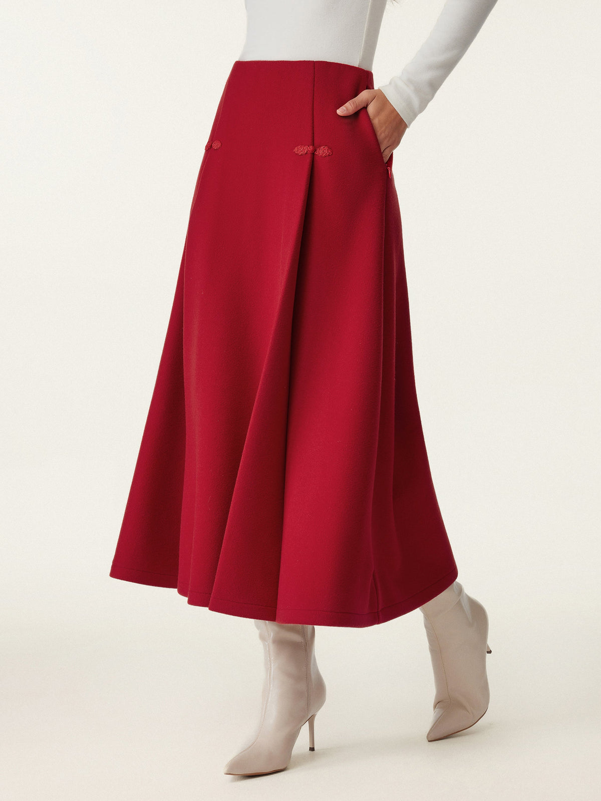 Wool-like Frog Button A-Line Midi Skirt Limited Edition