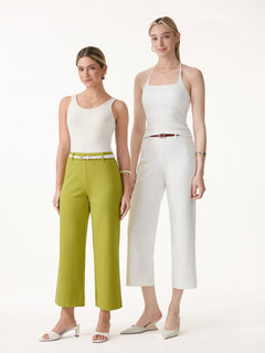 Not-See-Thru Mid Rise Cropped Wide Leg Pants with Pockets