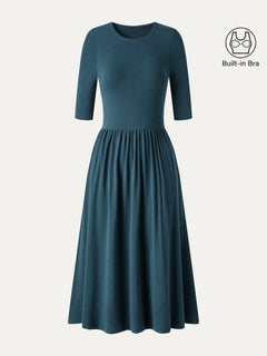 Eco-Mousse® Round Neck Elbow Sleeve Fit-and-Flare Midi Bra Dress with Pockets