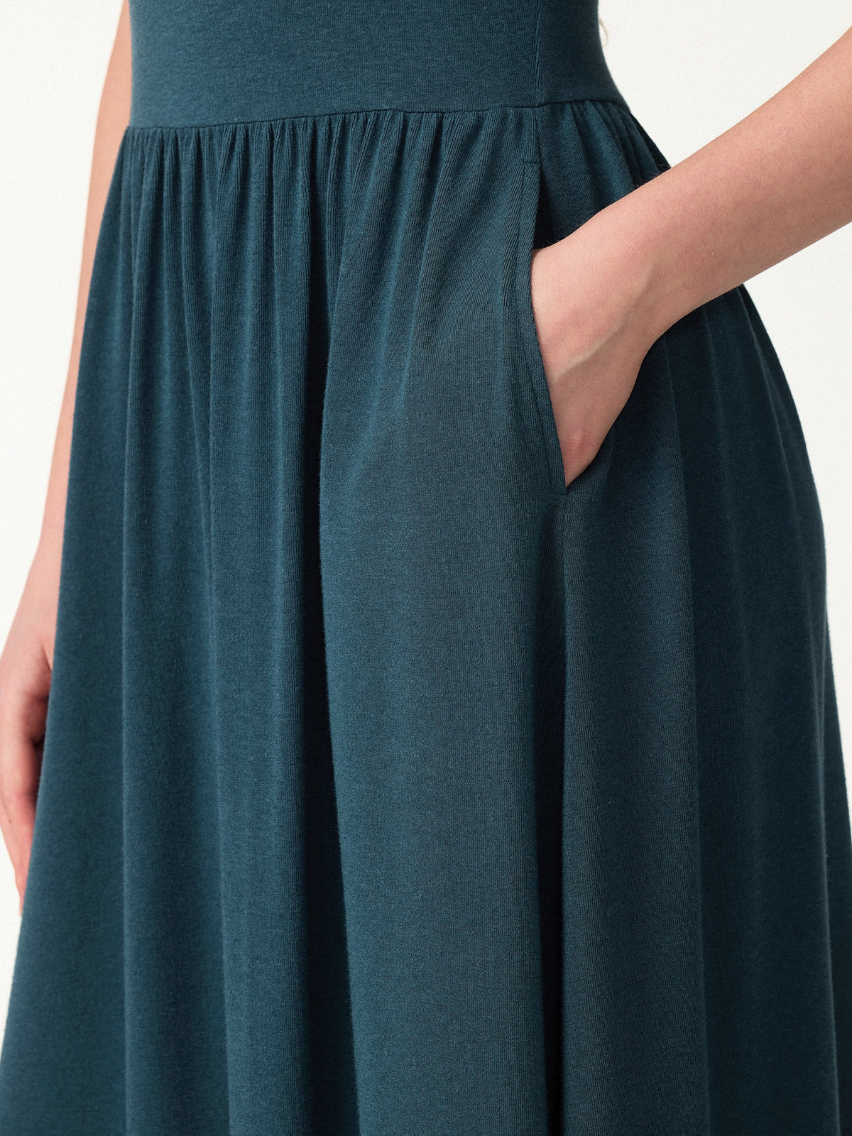 Eco-Mousse® Round Neck Elbow Sleeve Fit-and-Flare Midi Bra Dress with Pockets