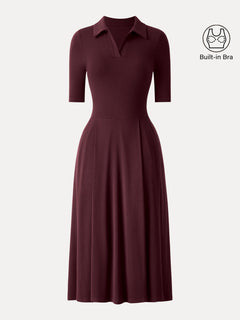 Polo Neck Elbow Length Sleeve Midi Bra Dress with Pockets
