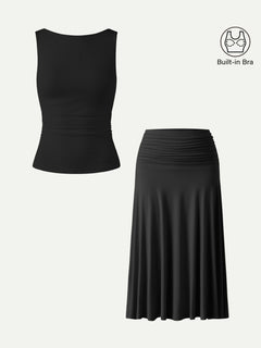2Pcs Set Open Back Bra Tank & Side Ruched A-line Midi Skirt