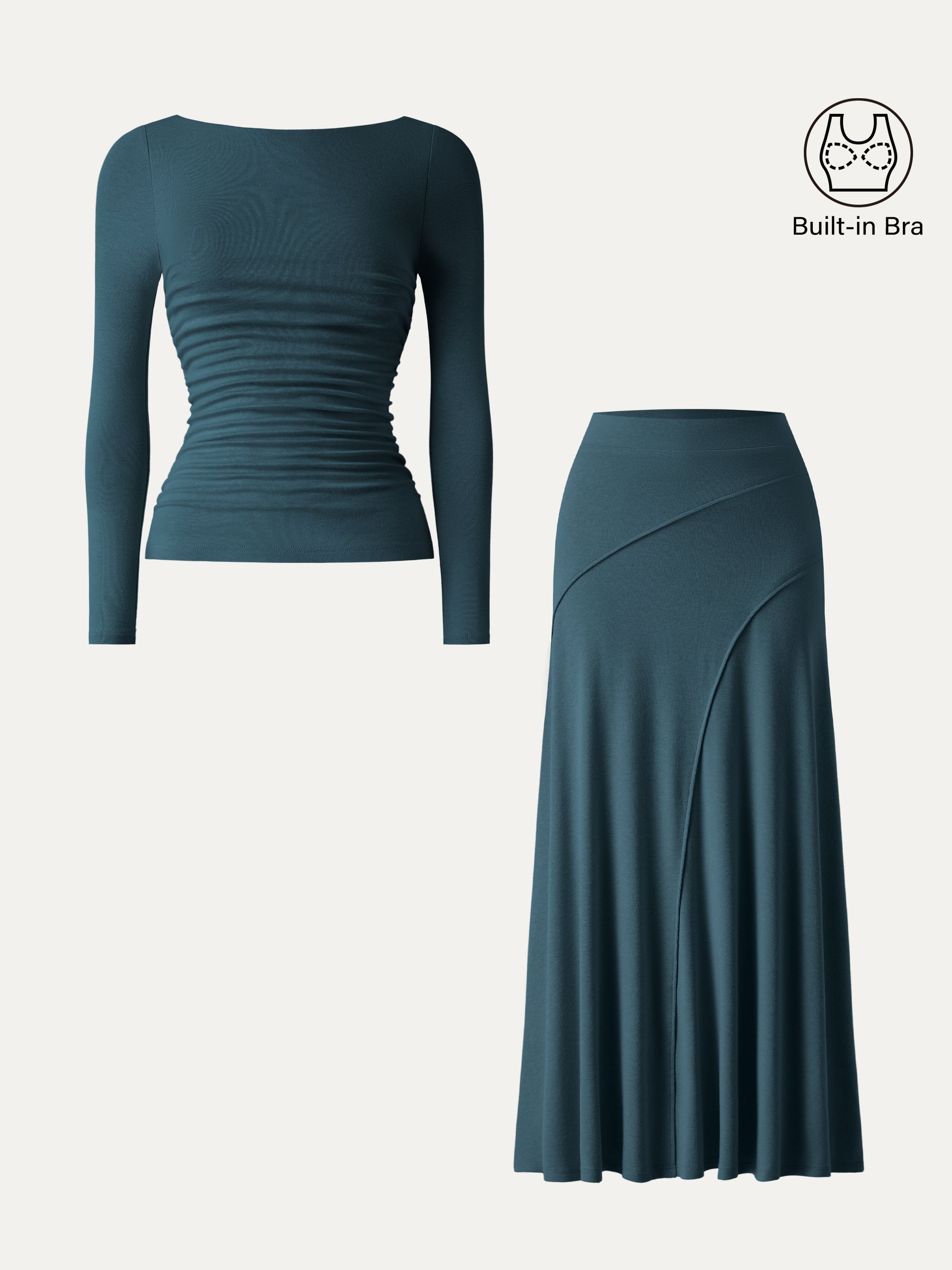 2Pcs Set Boatneck Ruched Bra Top & Drapey A-Line Maxi Skirt