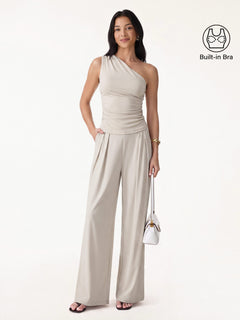 2Pcs Set Petite Wide Leg Palazzo Pant with Pockets & Ruched Bra Tank