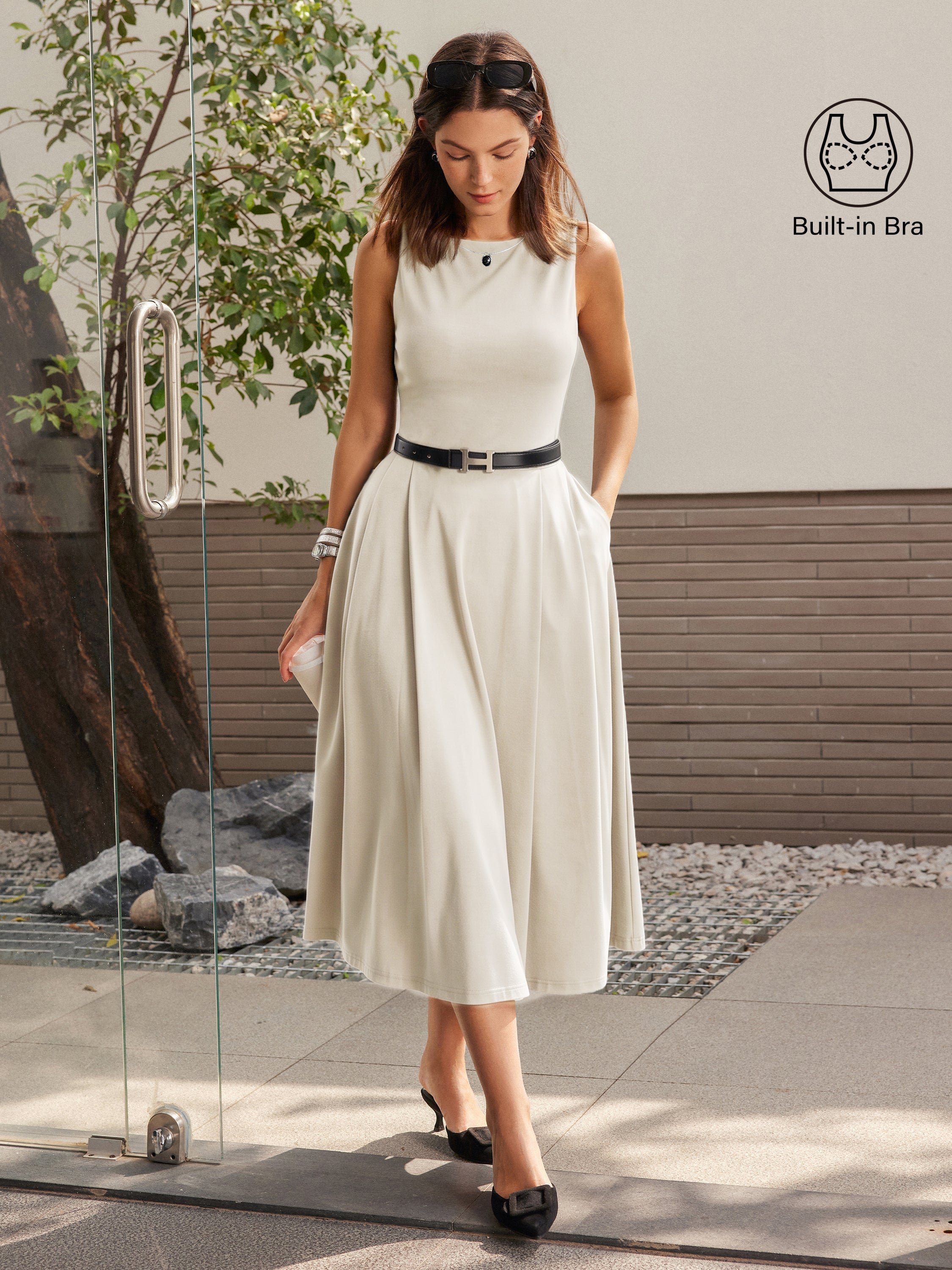 Boatneck Bamboo Ponte Bra Midi Dress with Pockets