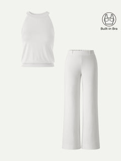 2Pcs Set Halter Neck Bra Top & Wide Leg Pants with Pockets