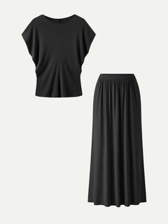 2Pcs Set Round Neck Top & A-Line Maxi Skirt