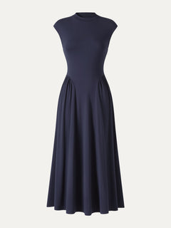 Ponte Mock Neck Ruched A-Line Midi Dress with Pockets