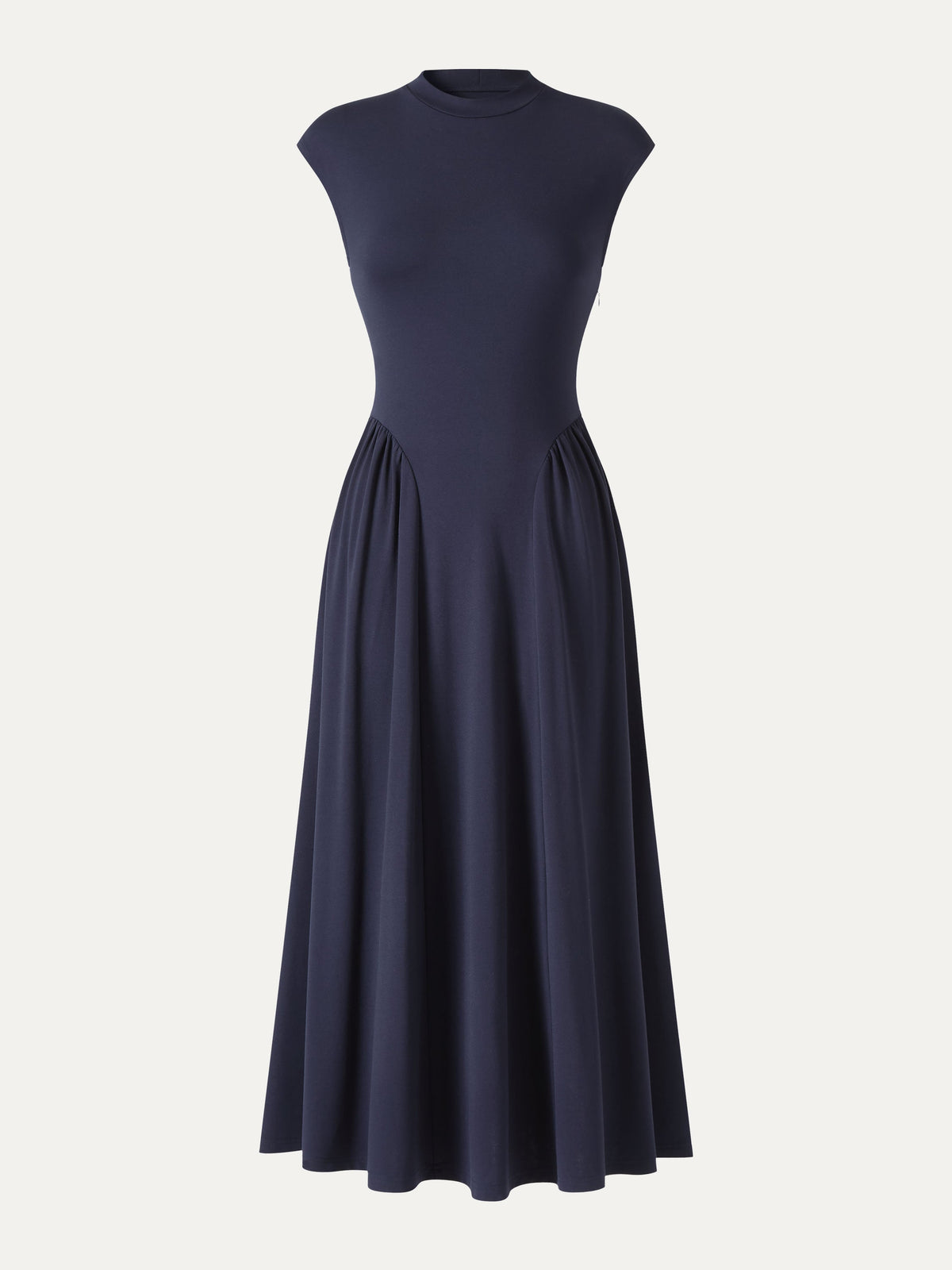 Ponte Mock Neck Ruched A-Line Midi Dress with Pockets