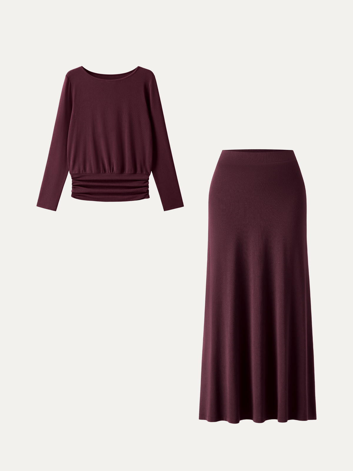 2Pcs Set Boatneck Long Sleeve Top & High-Rise A-Line Maxi Skirt