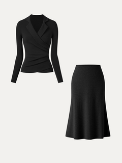 2Pcs Set Eco-Mousse® Collared Surplice Top & Soft Thermal Pull-On Midi Skirt
