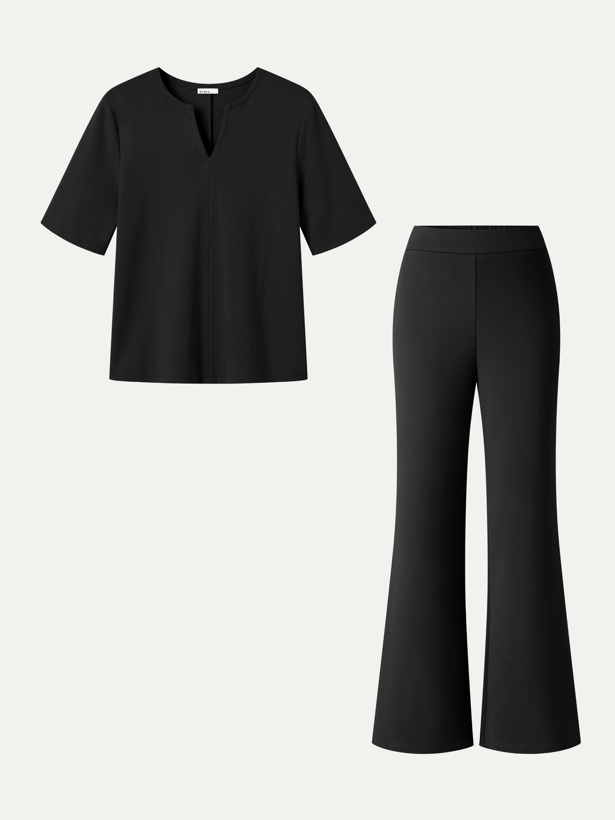 2Pcs Set V-Neck Short Sleeve Top & High-Rise Wide-Leg Pants with Pockets