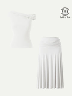 2Pcs Set Multi-wear Bra Top & Side Ruched A-line Midi Skirt