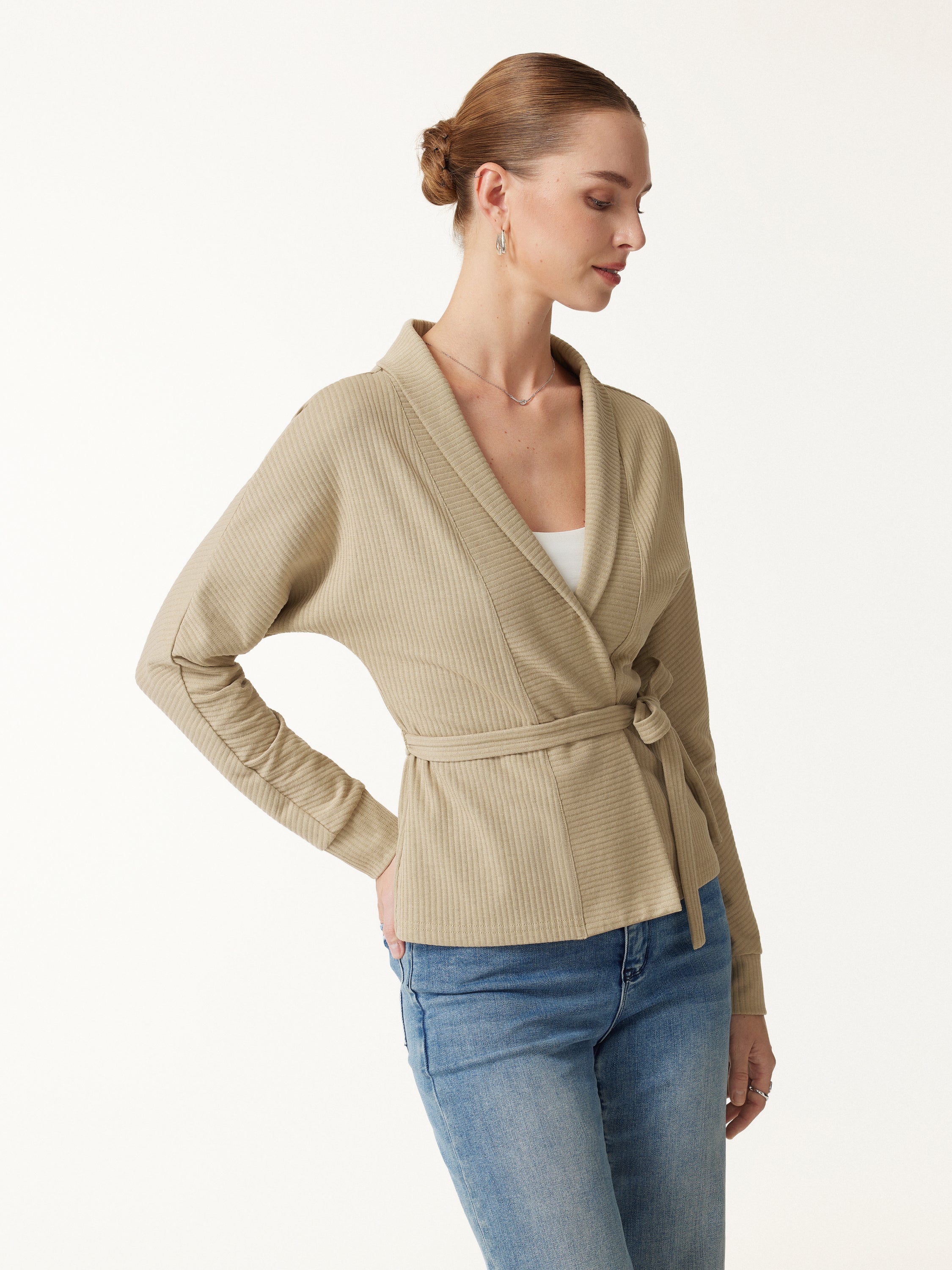 Textured Cotton Blend Lapel Belted Open-Front Jacket
