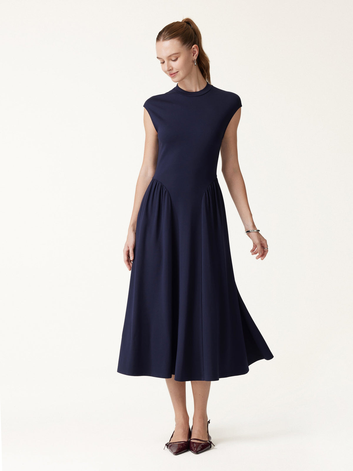 Ponte Mock Neck Ruched A-Line Midi Dress with Pockets