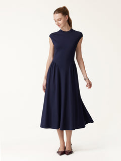 Ponte Mock Neck Ruched A-Line Midi Dress with Pockets