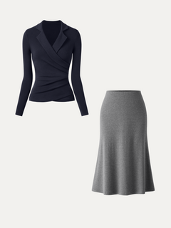 2Pcs Set Eco-Mousse® Collared Surplice Top & Soft Thermal Pull-On Midi Skirt