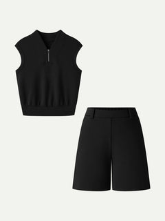2Pcs Set Banded Hem Travel Top & Shorts with Pockets