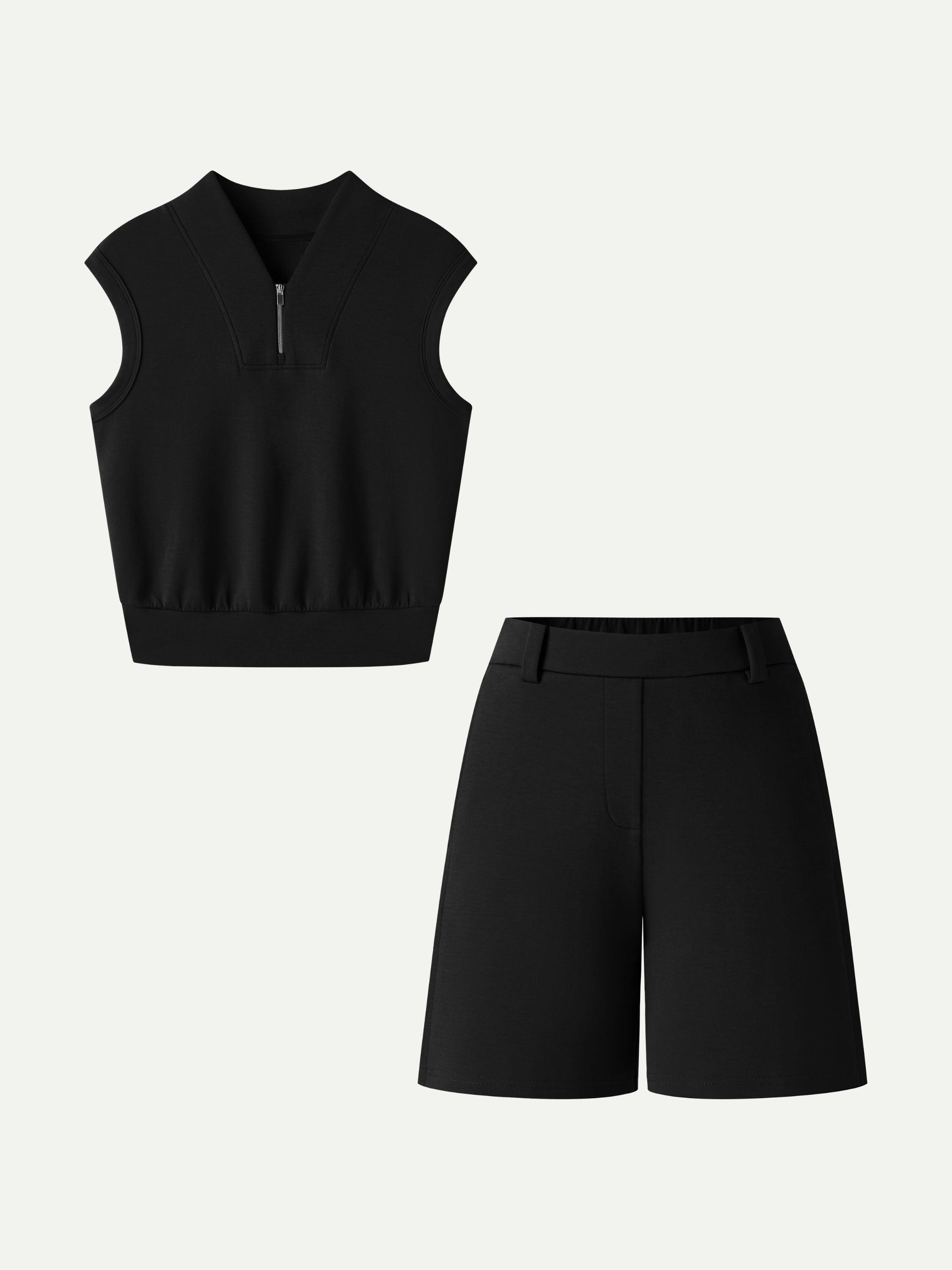 2Pcs Set Banded Hem Travel Top & Shorts with Pockets