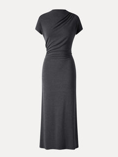 Eco-Mousse® Mock Neck Cap Sleeve Ruched Midi Dress