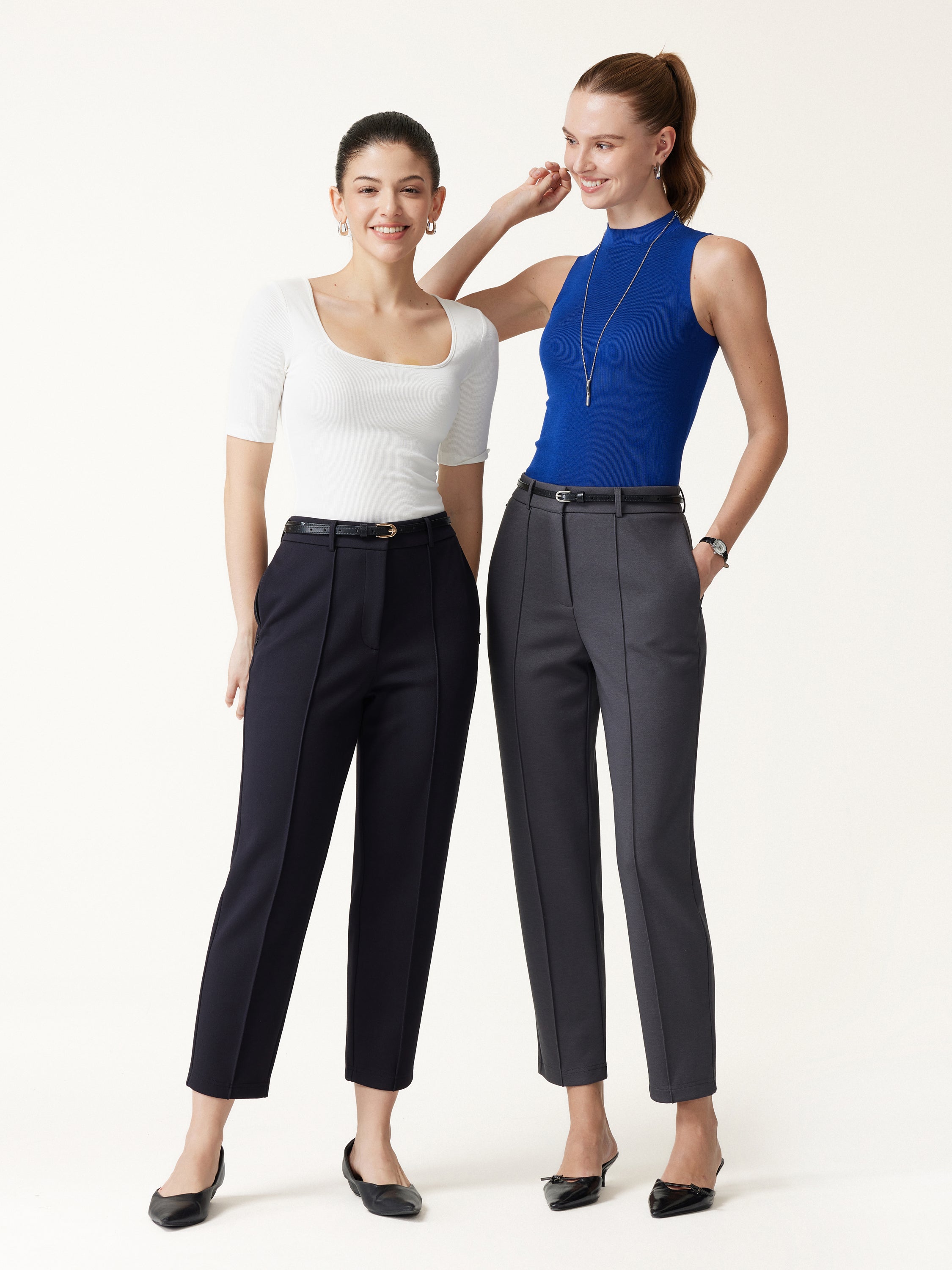 Modal Blend Ponte High-Rise Ankled Slim-Straight Pants with Pockets