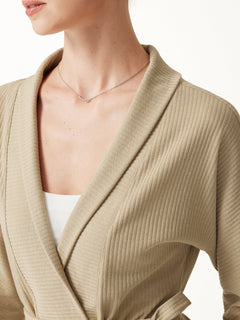 Textured Cotton Blend Lapel Belted Open-Front Jacket