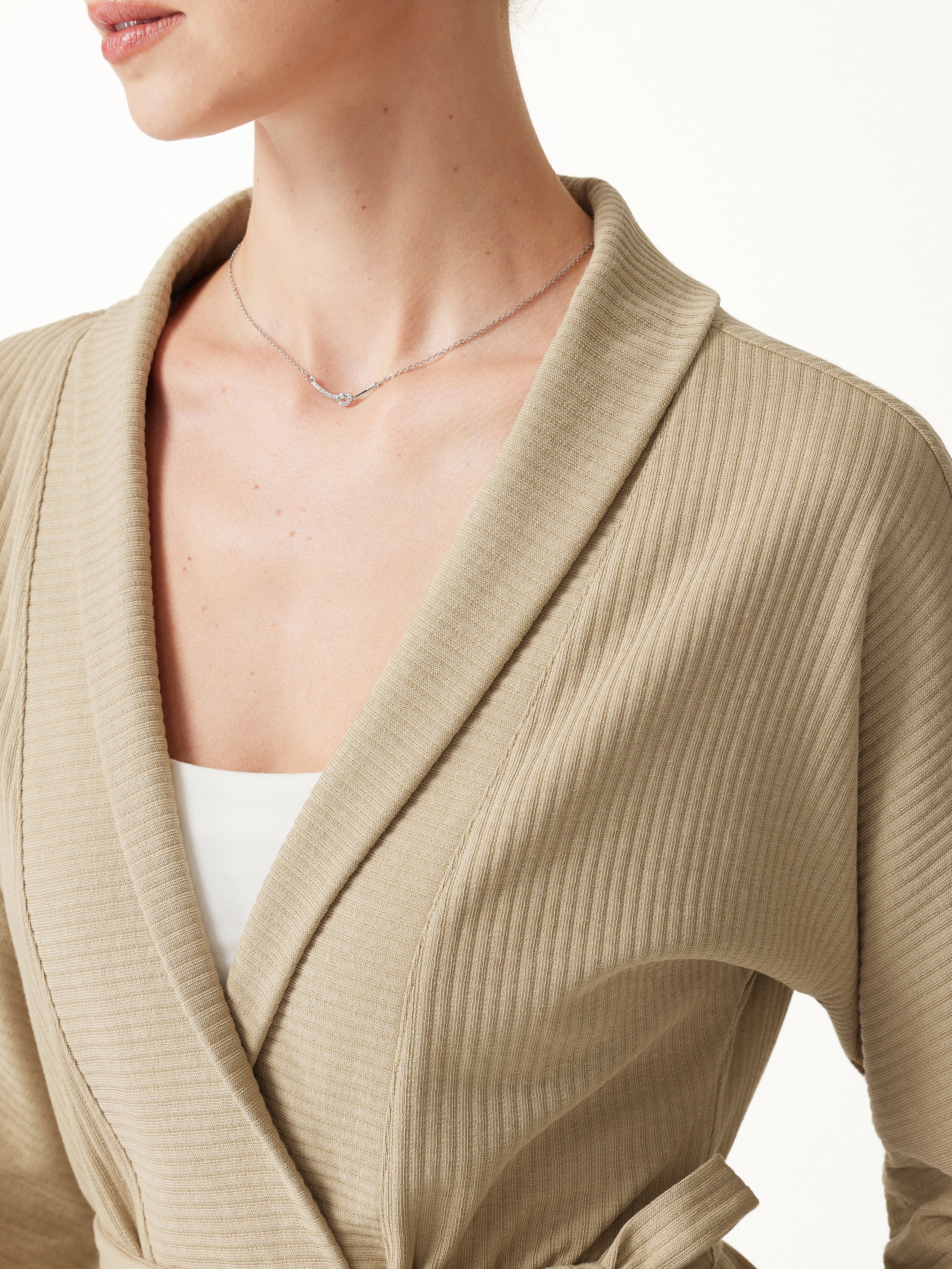Textured Cotton Blend Lapel Belted Open-Front Jacket
