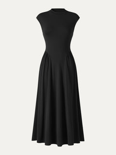 Ponte Mock Neck Ruched A-Line Midi Dress with Pockets