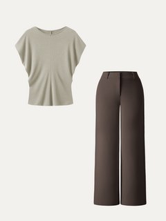 2Pcs Set Round Neck Relaxed Top & Mid Rise Fly-Front Wide Leg Trousers