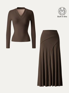 2Pcs Set V-neck Wide Binding Bra Top & Drapey A-Line Maxi Skirt