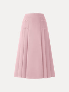 Pleated Frog Button Decor Midi A-line Skirt Limited Edition