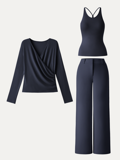 2Pcs Set Cami with Surplice Ruched Top & Mid Rise Fly-Front Wide Leg Trouser