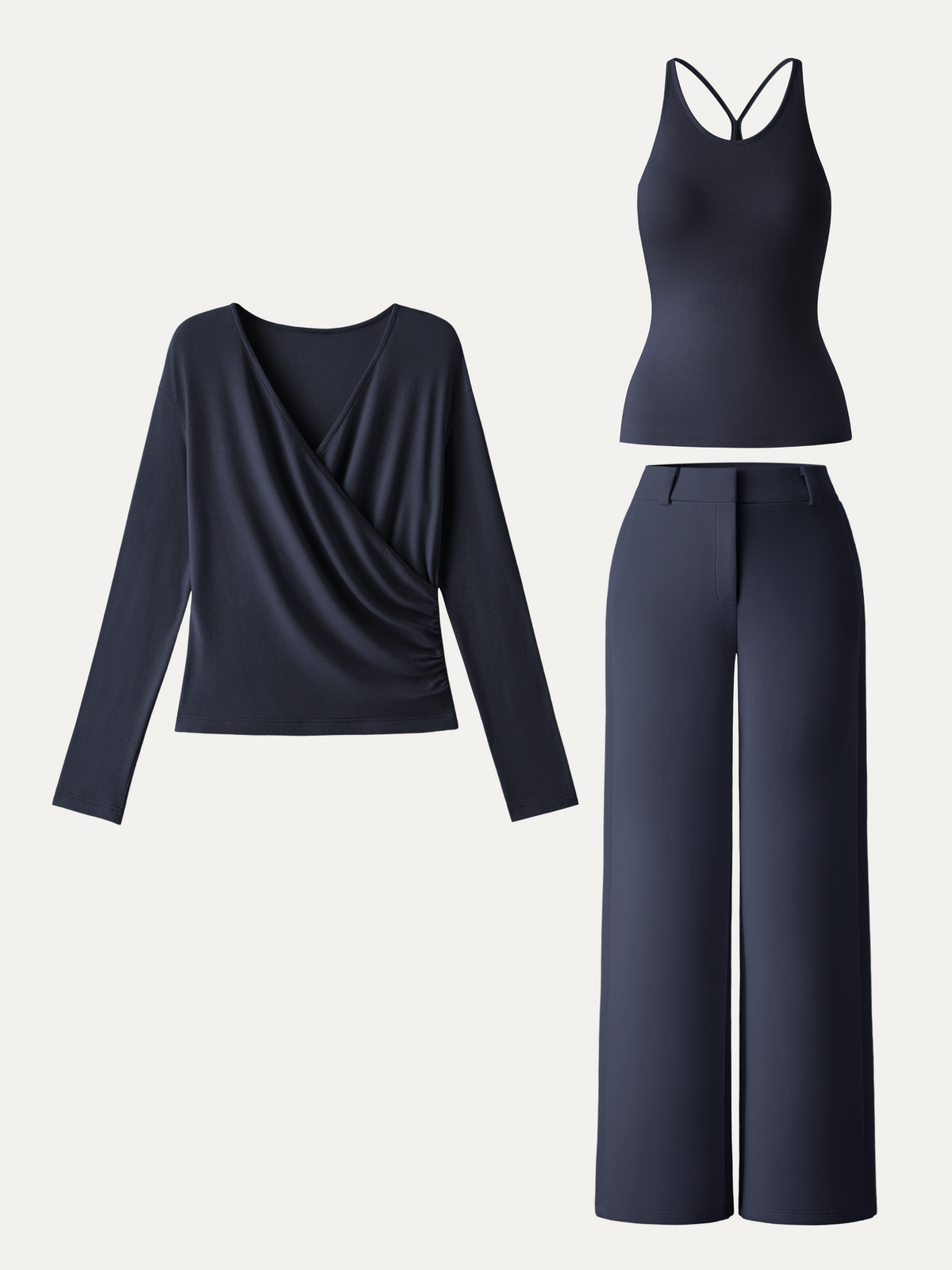 2Pcs Set Cami with Surplice Ruched Top & Mid Rise Fly-Front Wide Leg Trouser