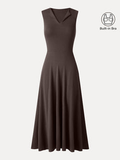Ribbed Collared V-Neck Sleeveless A-Line Midi Bra Dress with Pockets