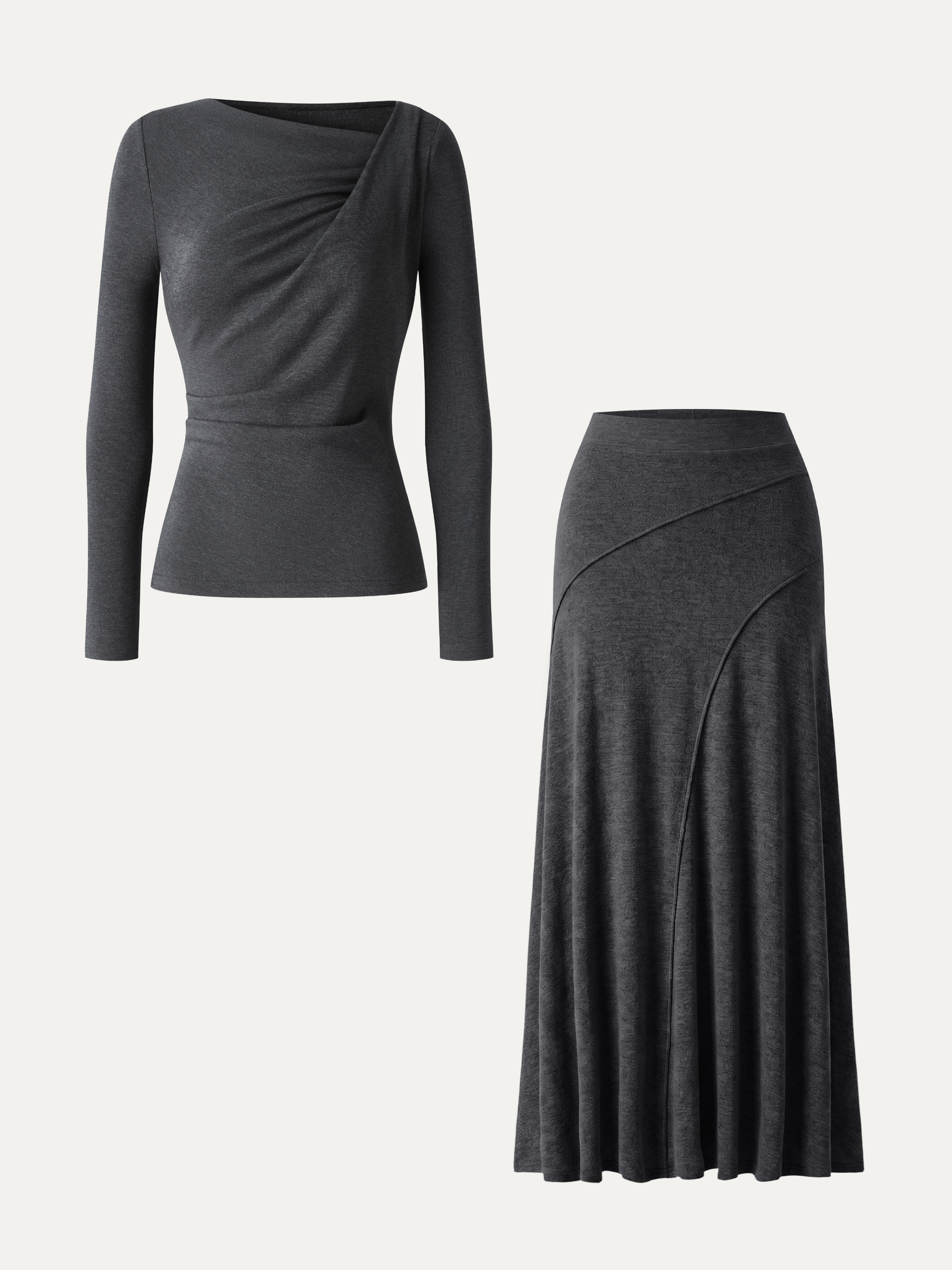 2Pcs Set Asymmetrical Neck Long Sleeve Top & Drapey A-Line Midi Skirt