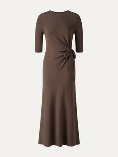 Slub Ribbed Round Neck Elbow Sleeve Tie-Waist Midi Dress