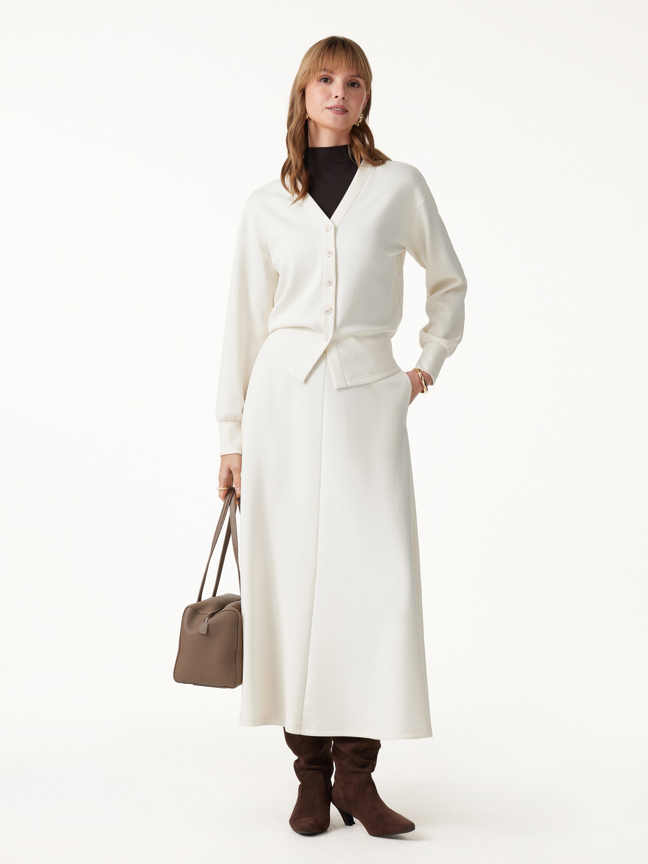 Modal Spacer Knit V-Neck Long Sleeve Button-Down Cardigan