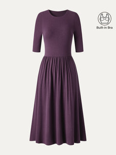 Eco-Mousse® Round Neck Elbow Sleeve Fit-and-Flare Midi Bra Dress with Pockets