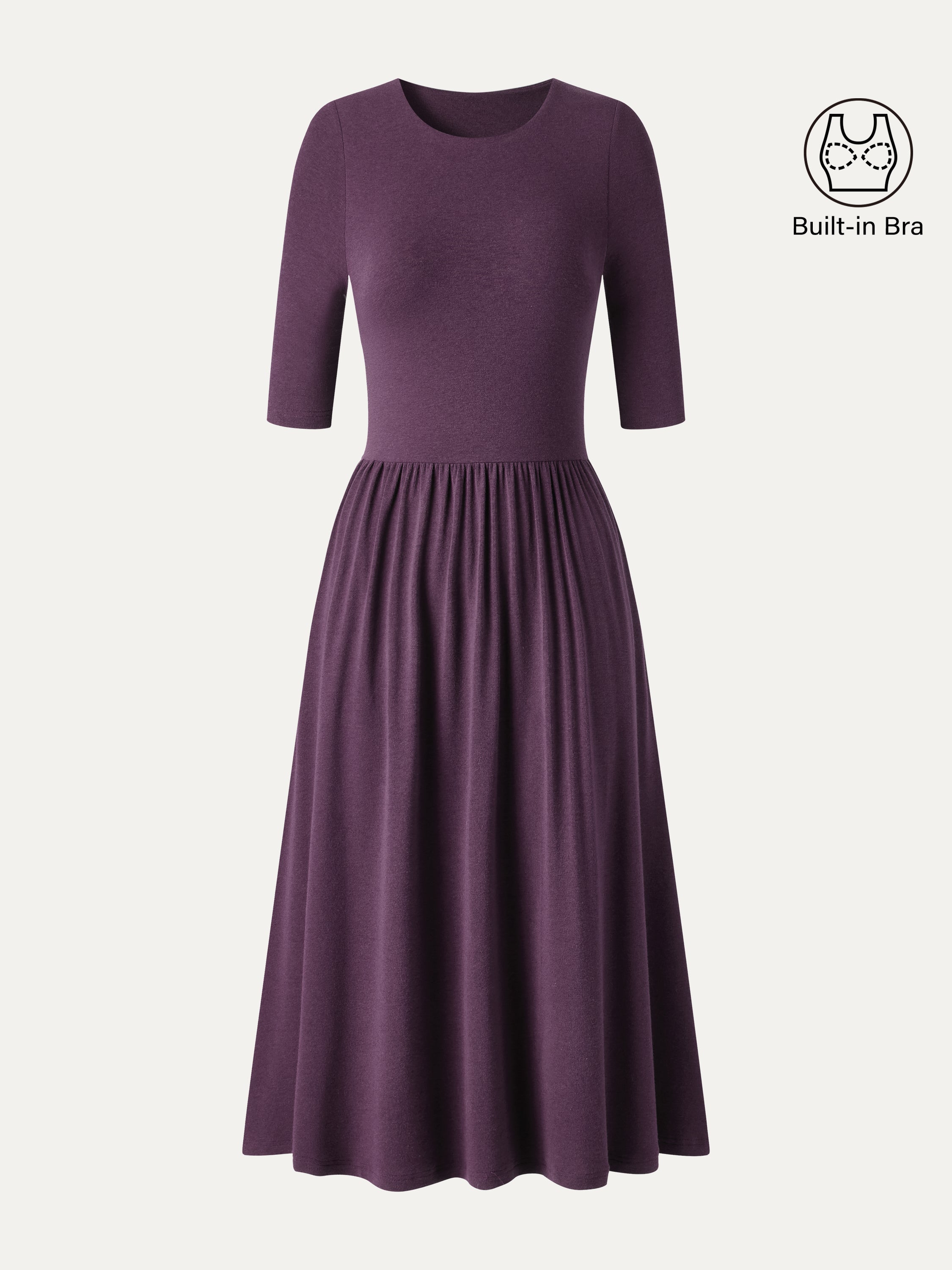 Eco-Mousse® Round Neck Elbow Sleeve Fit-and-Flare Midi Bra Dress with Pockets