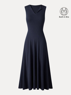 Ribbed Collared V-Neck Sleeveless A-Line Midi Bra Dress with Pockets