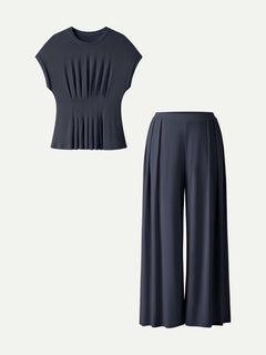 2Pcs Set Round Neck Short Sleeve Tee & Wide Leg Pants with Pockets