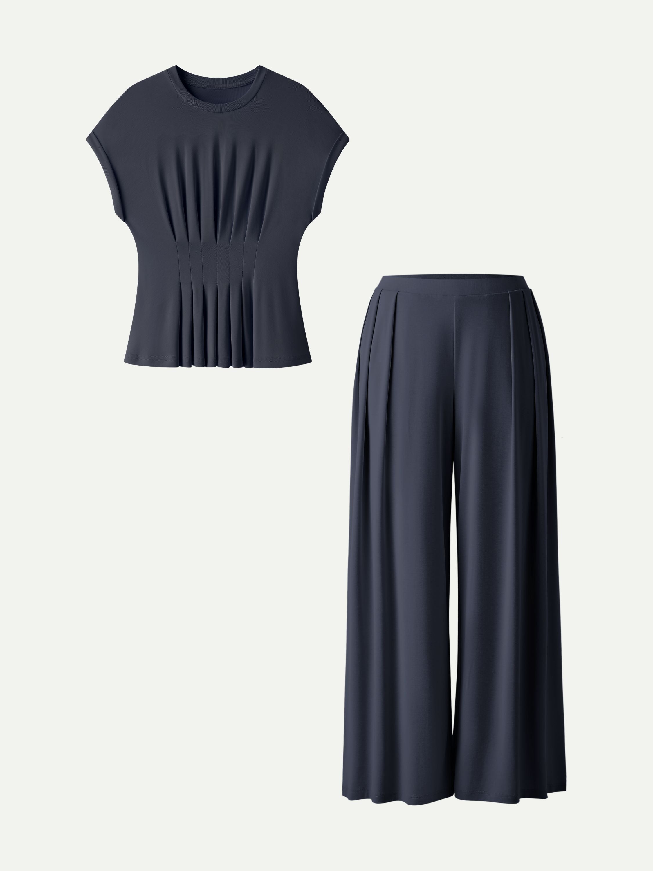 2Pcs Set Round Neck Short Sleeve Tee & Wide Leg Pants with Pockets