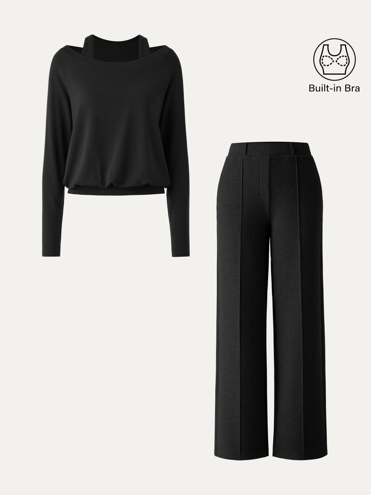 2Pcs Set Multi-Wear Layering Bra Top & High Waisted Straight Leg Pull On Pant