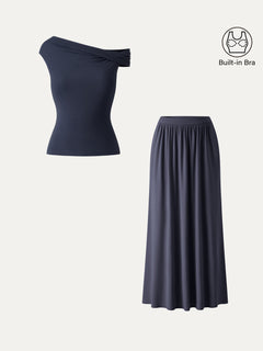 2Pcs Set Multi-wear Necklines Bra Top & Gathered A-Line Maxi Skirt with Pockets